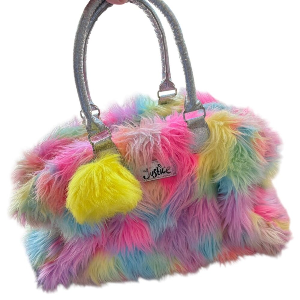 Justice Girls Faux Fur Rainbow Rolling Duffel Bag Glitter Handles Light up Wheel